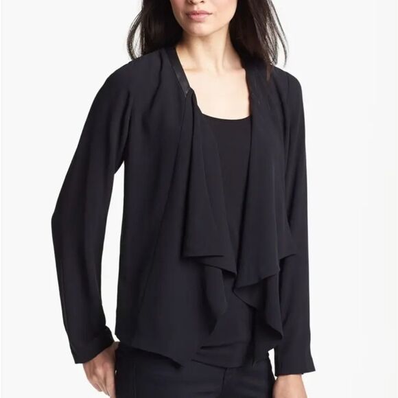 Eileen Fisher 100% Silk Chiffon Drape Front Blazer Leather Trim Black Small - Picture 11 of 12